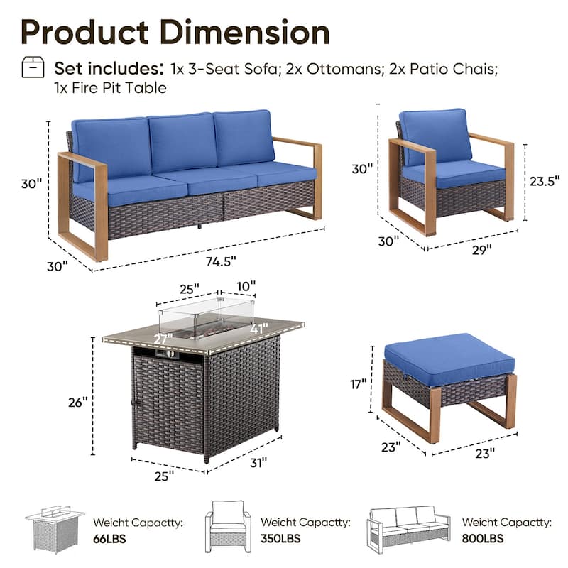 Pocassy Outdoor Wicker Sofa Patio Chair with Fire Table Set
