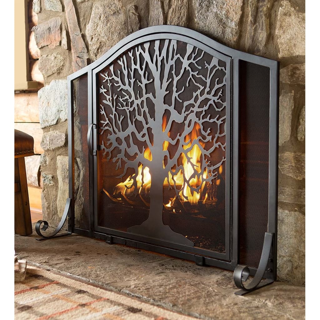 44" x 33" Tree of Life Fire Screen with Door - Black