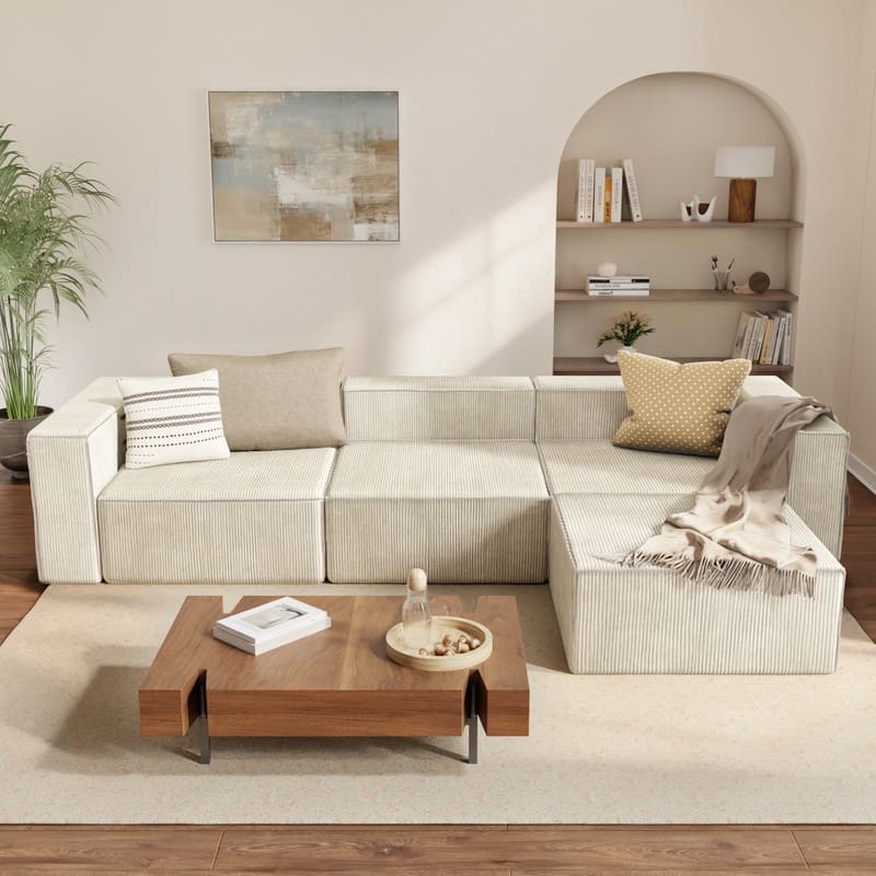 Module Corduroy Compression with Ottoman Sofas - Beige Corduroy