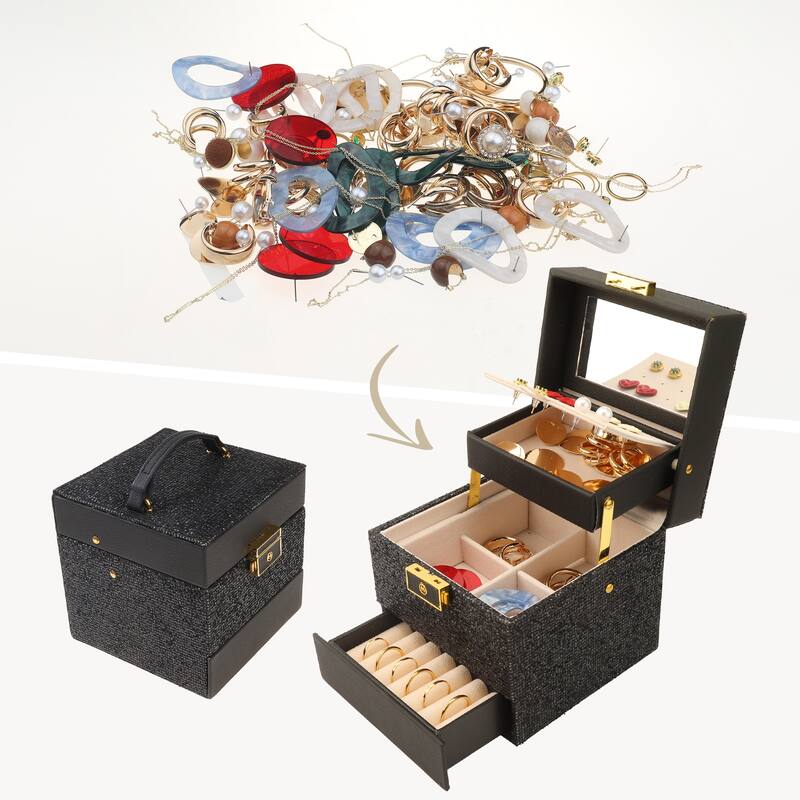 3 Layer Jewelry Box with Mirror for Girls, PU Leather Sequins Jewelry Organizer Case Storage Display Holder with Drawer - Red