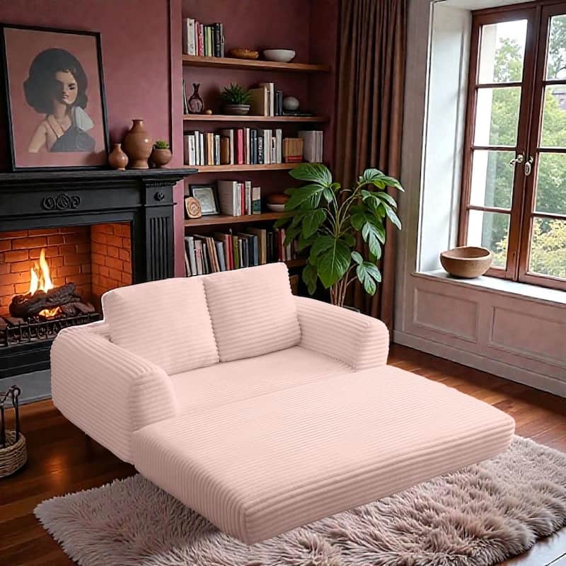 2 in 1 Folding Sofa Bed Loveseat, Corduroy Convertible Sleeper Couch with Pillows, Boneless Floor Futon