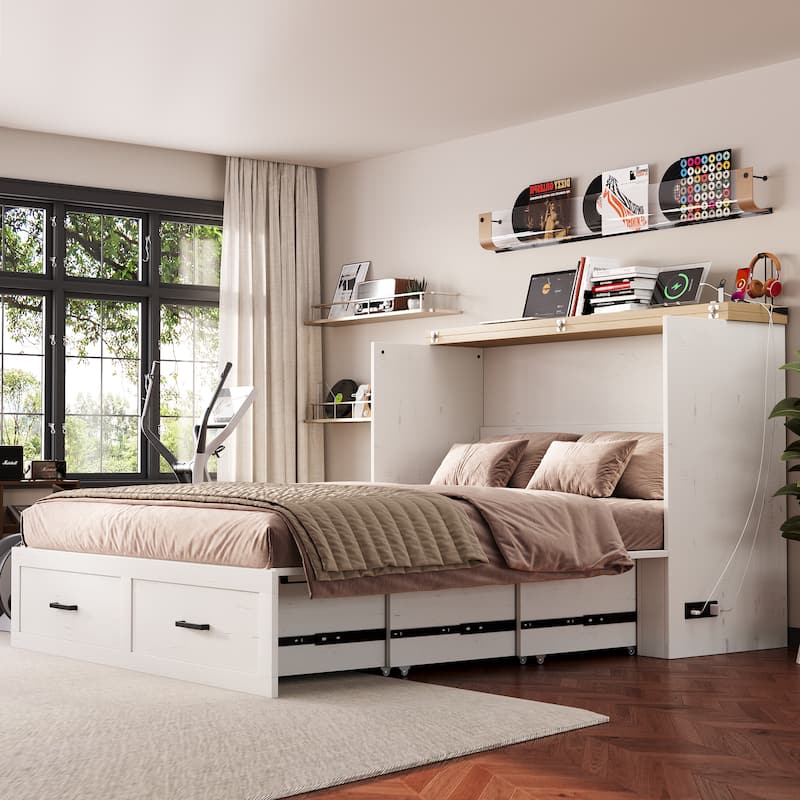 Queen Murphy Bed with Charging Station, Farmhouse Murphy Cabinet Bed with Large Storage Drawer, Hideaway Foldable Platform Bed