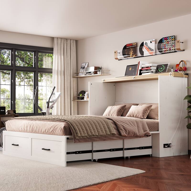 Queen Murphy Bed with Charging Station & Large Storage Drawer, Farmhouse Cabinet Hideaway Bed for Guest Room