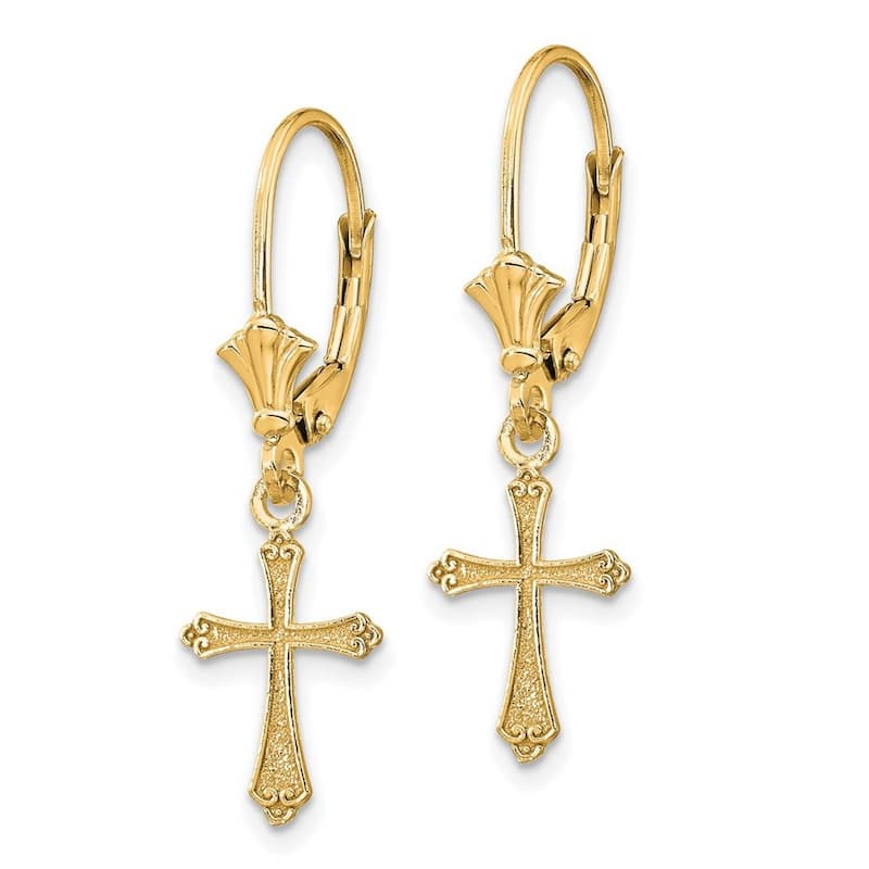 Curata 10k Yellow Gold 29.62x9mm Textured Budded Cross Leverback Earrings