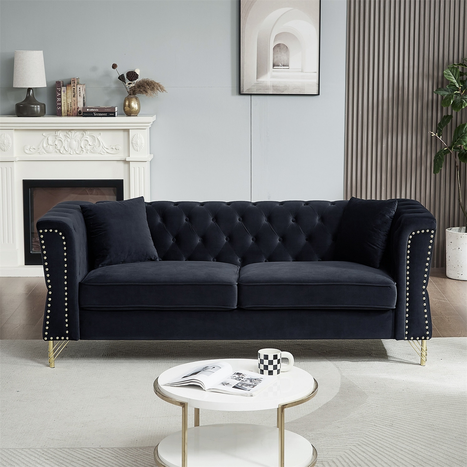 Tufted Velvet Chesterfield Sofa with Metal Leg and Nailhead - Bed