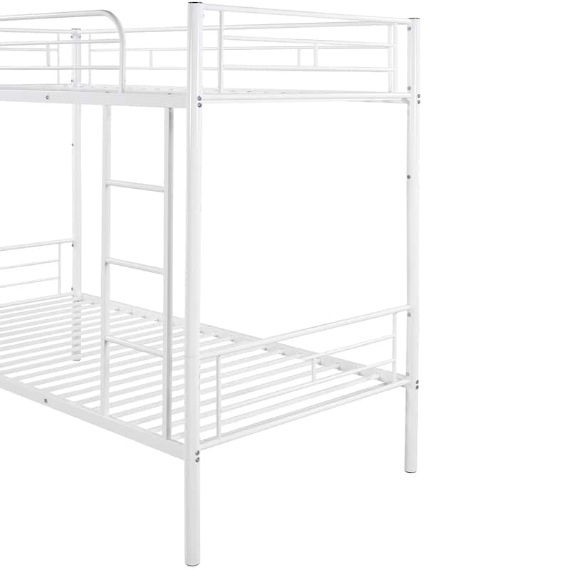 White Twin over Twin Metal Bunk Bed with Fence and Ladder