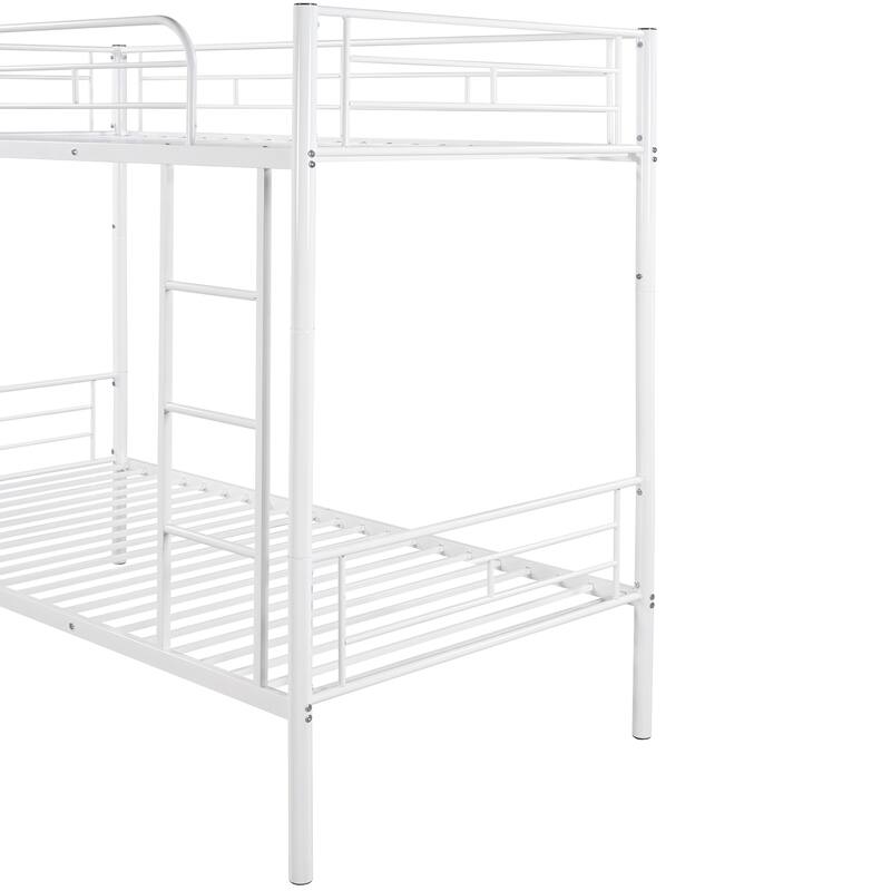 White Twin over Twin Size Metal Bunk Bed with Fence and Ladder for Kids, Bedroom