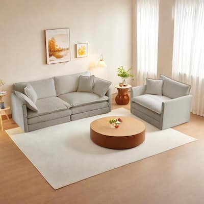 3-Piece Chenille Living Room Sofa Set (Loveseat + Accent Chair) with Solid Wood Frame & Plush Cushions