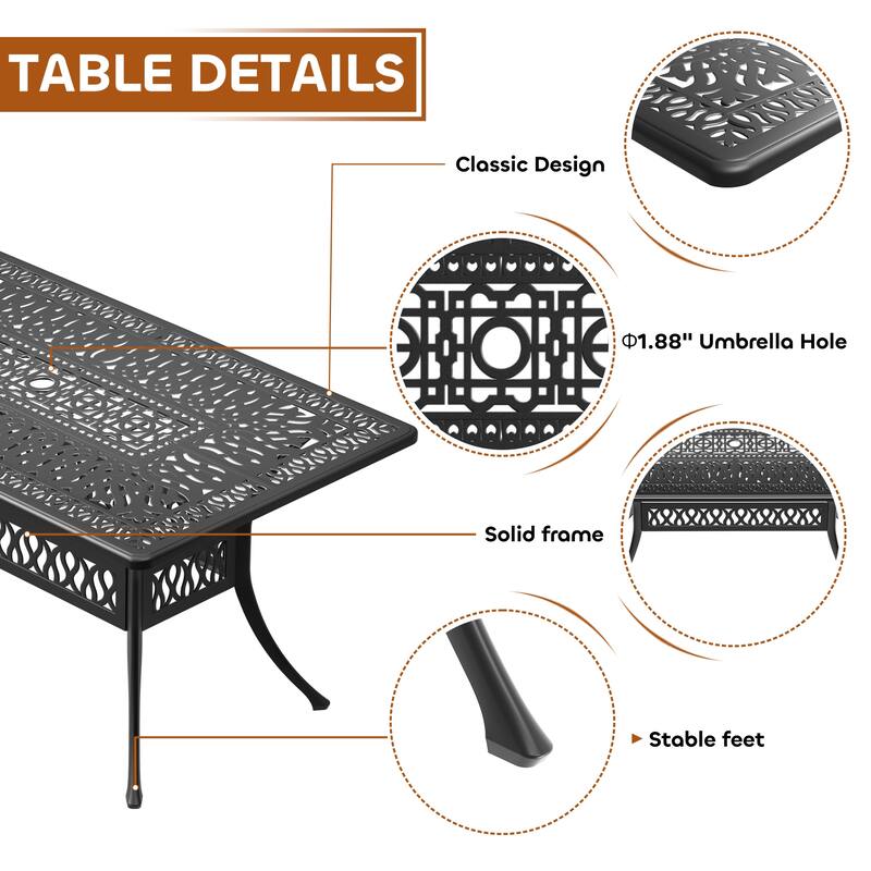 5/7-Piece Cast Aluminum Outdoor Dining Set with 58.27'' L X 34.65'' W Rectangular Table and Seat Cushions