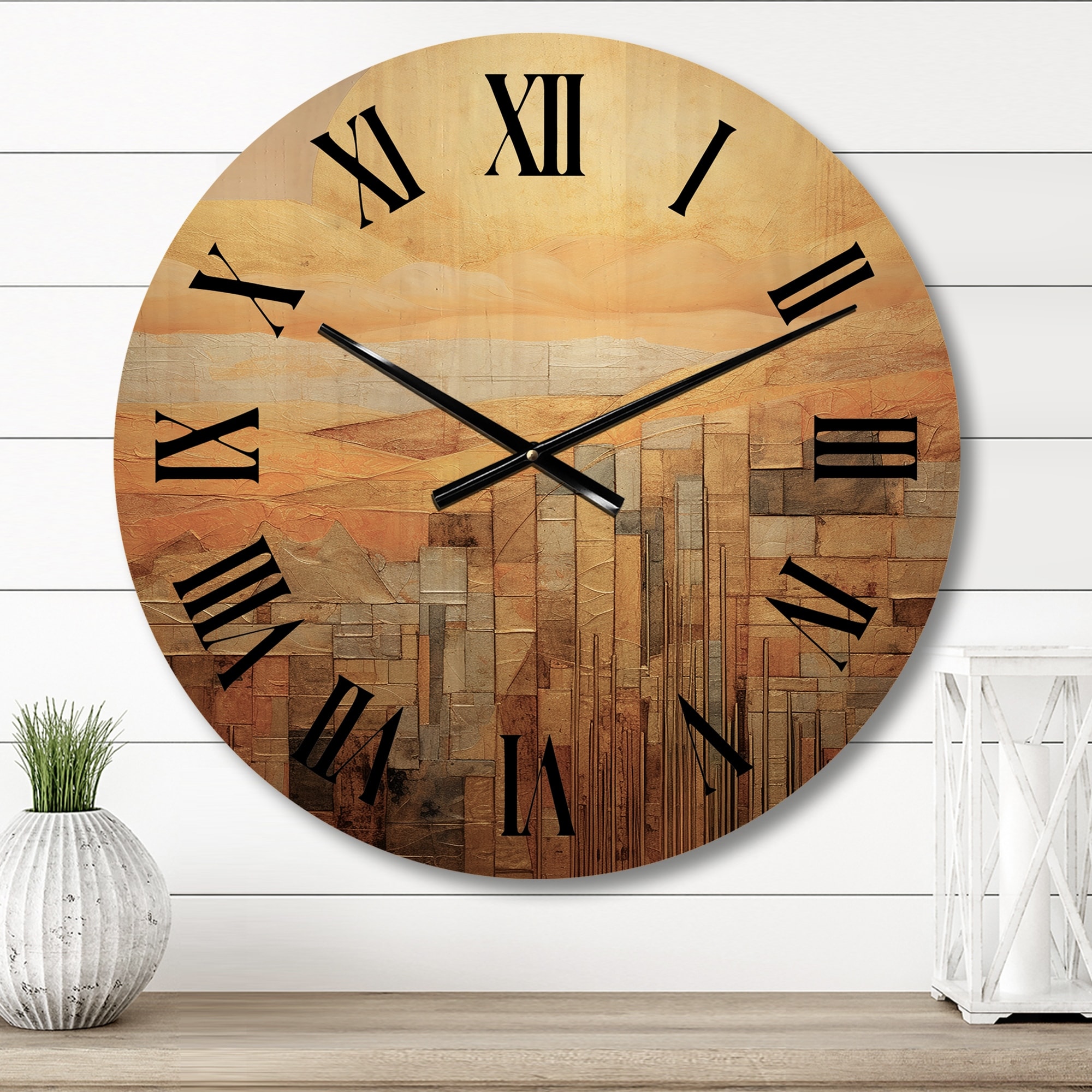 Designart "Golden Hour Rustic Landscape Illustration" Abstract Geometric Oversized Wood Wall Clock