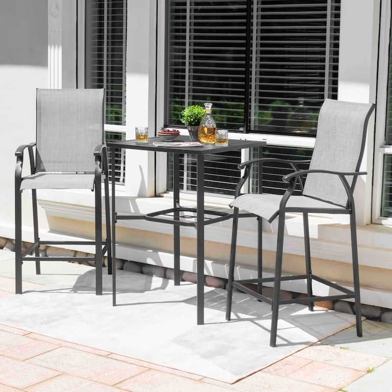 Outdoor 3-Piece Textilene Bar Set, Height Back Bar Stools and Umbrella Hole, Black and Gray