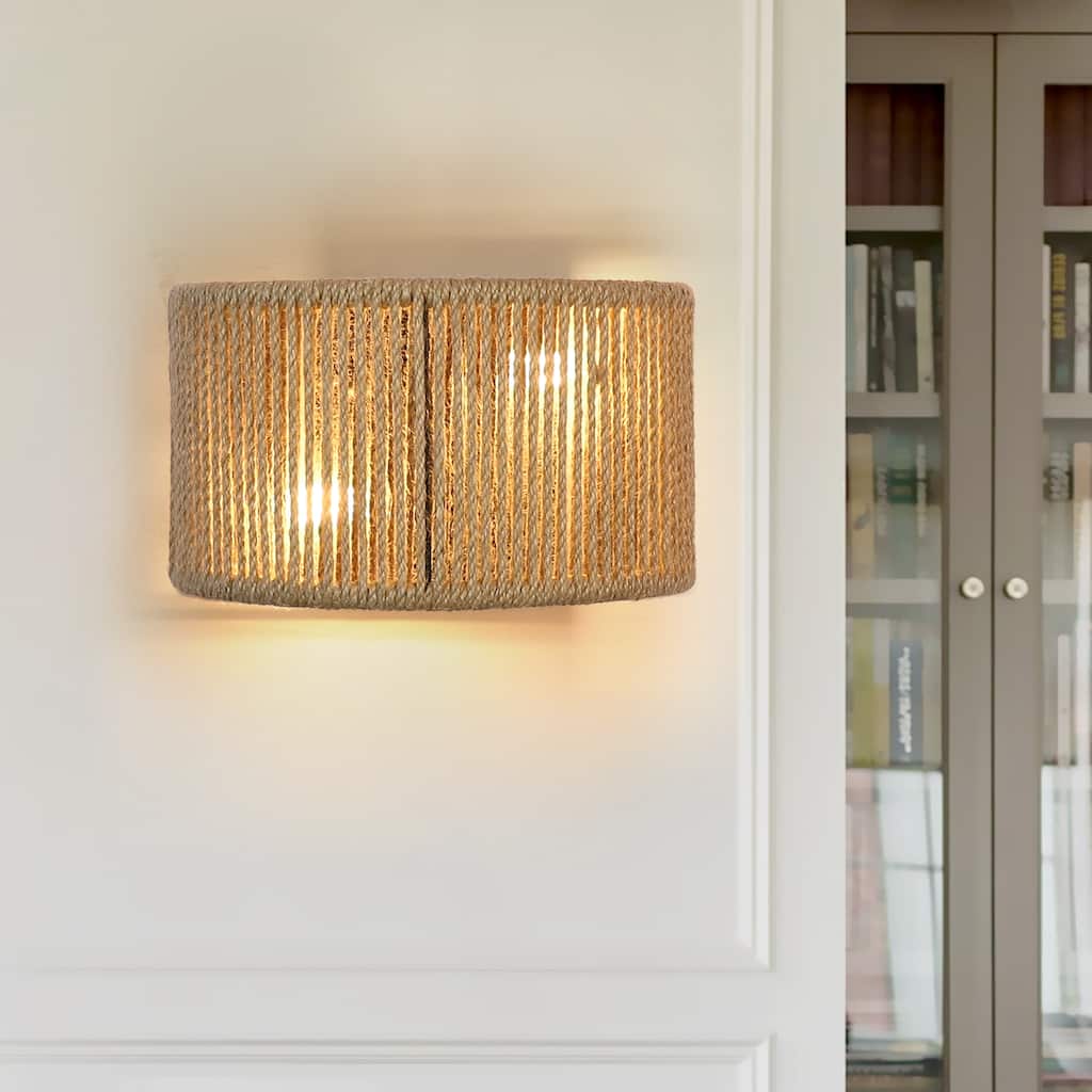 Boho Flush Mount Wall Sconce Rattan Wall Lamp Hemp Rope Sconces - 2-Light