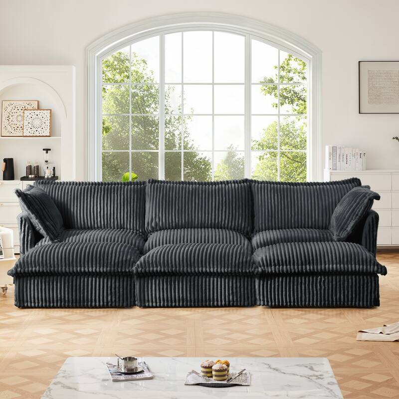 Living Room Corduroy Slipcovered 3-Seat Sofa with 3 Ottomans - Grey