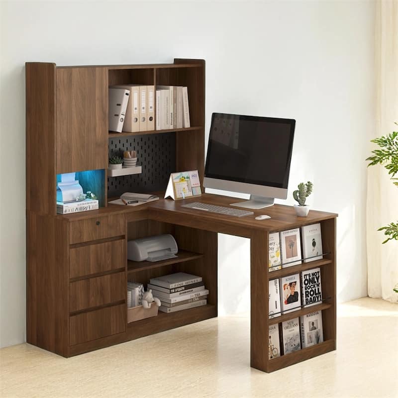 L Shaped Desk,Computer Desk w/Drawers,Bookshelf,LED Light,Corner Desk