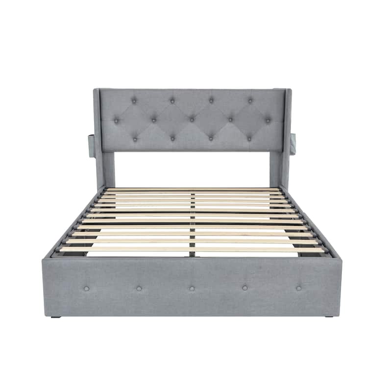 Full Size Lift-Up Storage Bed Frame with USB Ports & Modern Wingback Headboard, No Box Spring Needed
