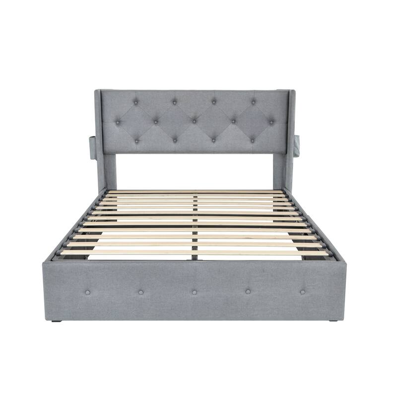 Wingback Upholstered Bed Low Profile Platform Bed Frame with USB Ports, Side Pockets and Hydraulic Lifting Storage