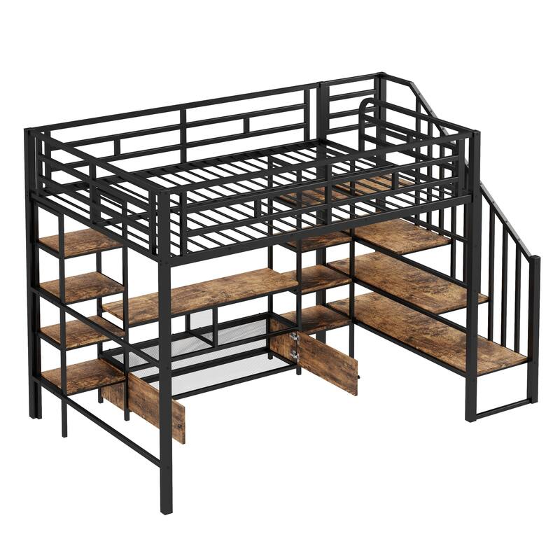 Full Size Metal Loft Bed with Staircase Low Storage Table and Shelves