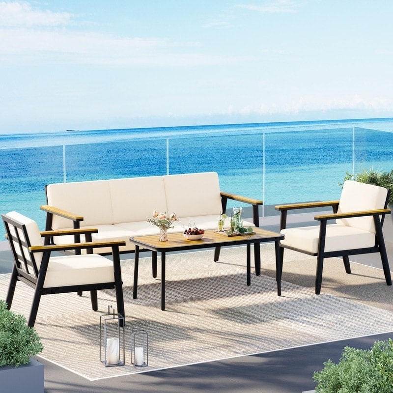 EROMMY 5-Piece Outdoor Patio Furniture Set, Metal Conversation Set with Olefin Cushions & Coffee Table, Modern Seating