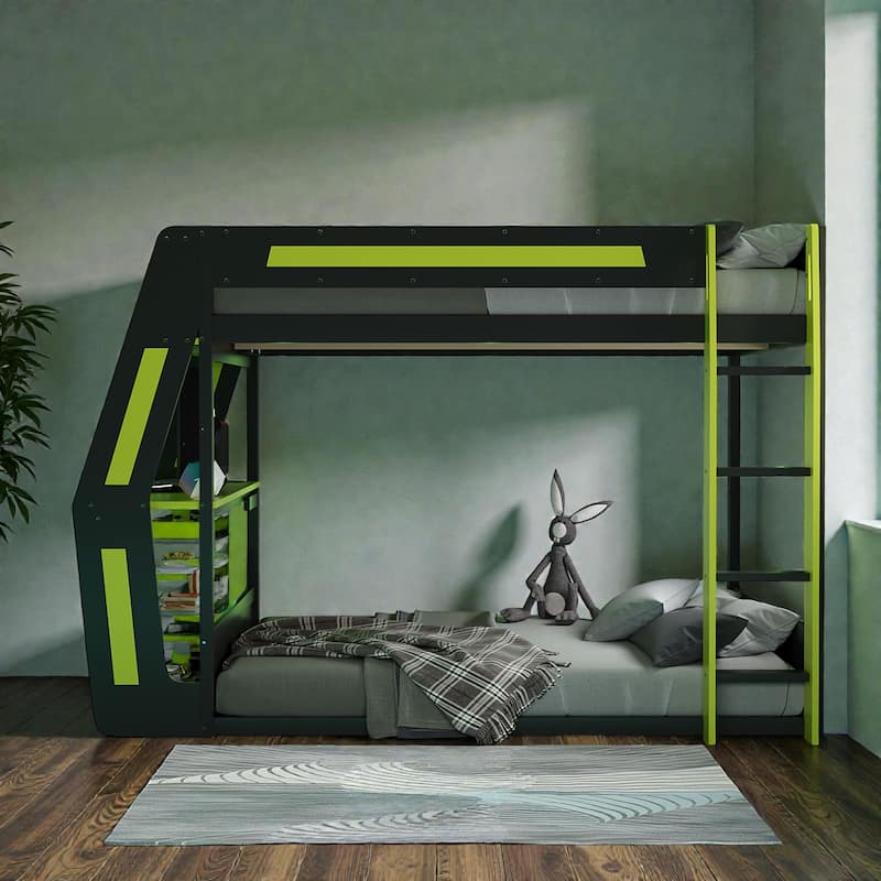 Full Size Gaming Loft Bed with RGB Desk, USB Charging Ports, LED Lights, Heavy Duty Esports Bunk Bed