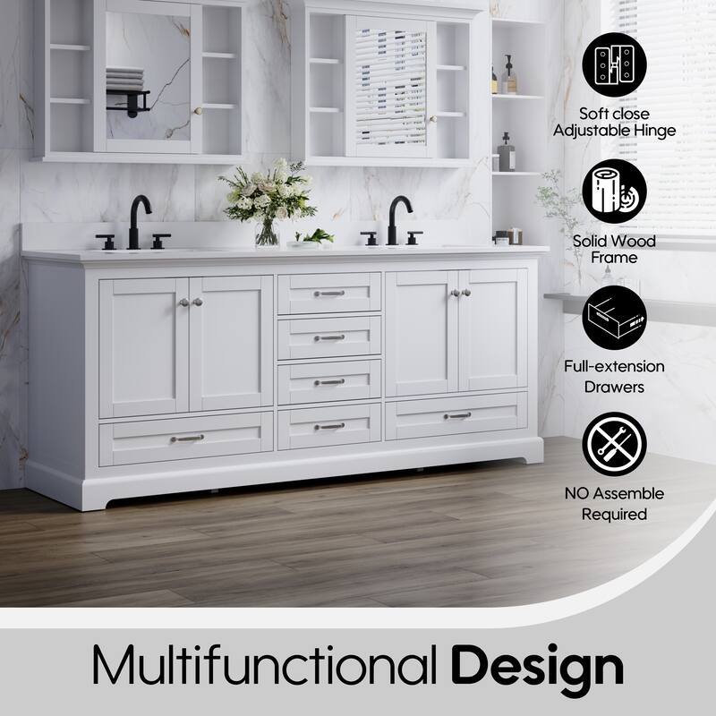 80''W Solid Wood Frame Bathroom Vanity With Pure White Culutered Marble Countertop And Double Sink