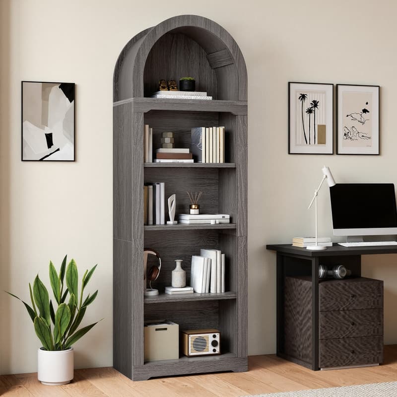 Moasis 68" Arched Bookshelf Open Display Bookcase with Storage Shelves for Living Room - Grey