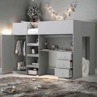Wood Full Size Loft Bed with Built-in Wardrobe, Desk, Storage Shelves, and Drawers