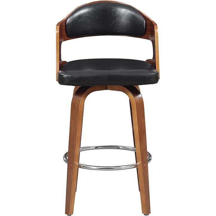 Wood and Faux Leather Black Mid-Century 27-Inch Counter Seat Height Swivel Barstool