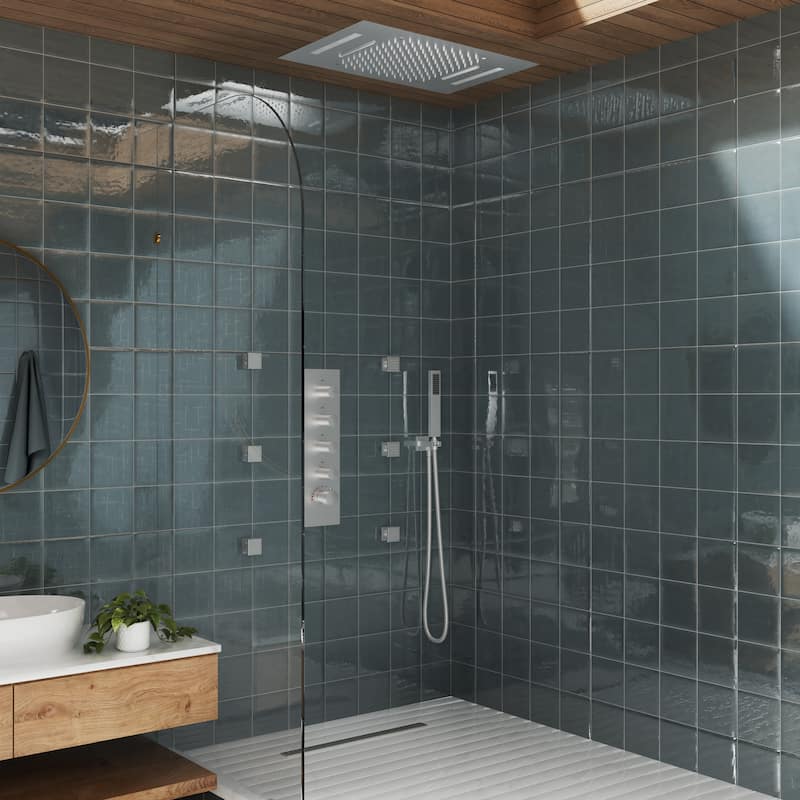 Luxury 4-Spray Patterns 23 in. Ceiling Mount Shower System with Handheld Shower Head, 6 Body Jets, LED, and Music - 15" x 23"