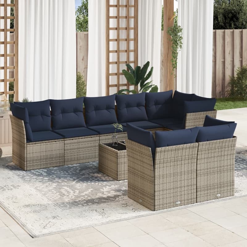 vidaXL 8/9 Piece Patio Sofa Set with Cushions Brown/Gray Poly Rattan - 21.7 x 24.4 x 27.2 - Beige and gray With table