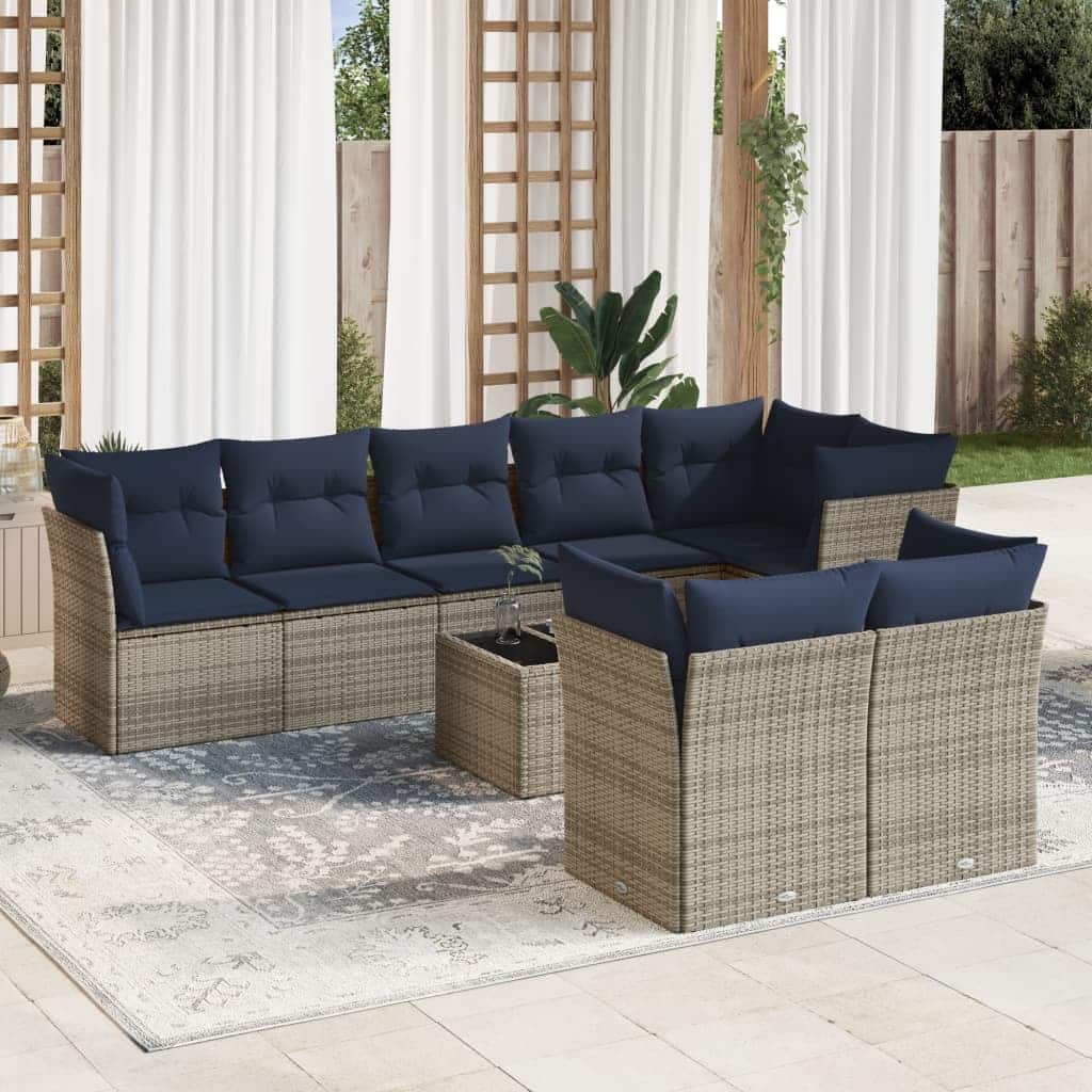 vidaXL 8/9 Piece Patio Sofa Set with Cushions Brown/Gray Poly Rattan - 21.7 x 24.4 x 27.2