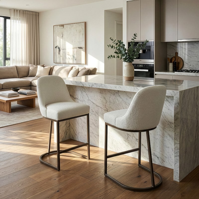 Set of 2 Ayane White Boucle Counter Stool with Iron Legs