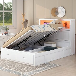 Queen/Full Lift Up Bed Frame with Charging Station & LED Lights ...