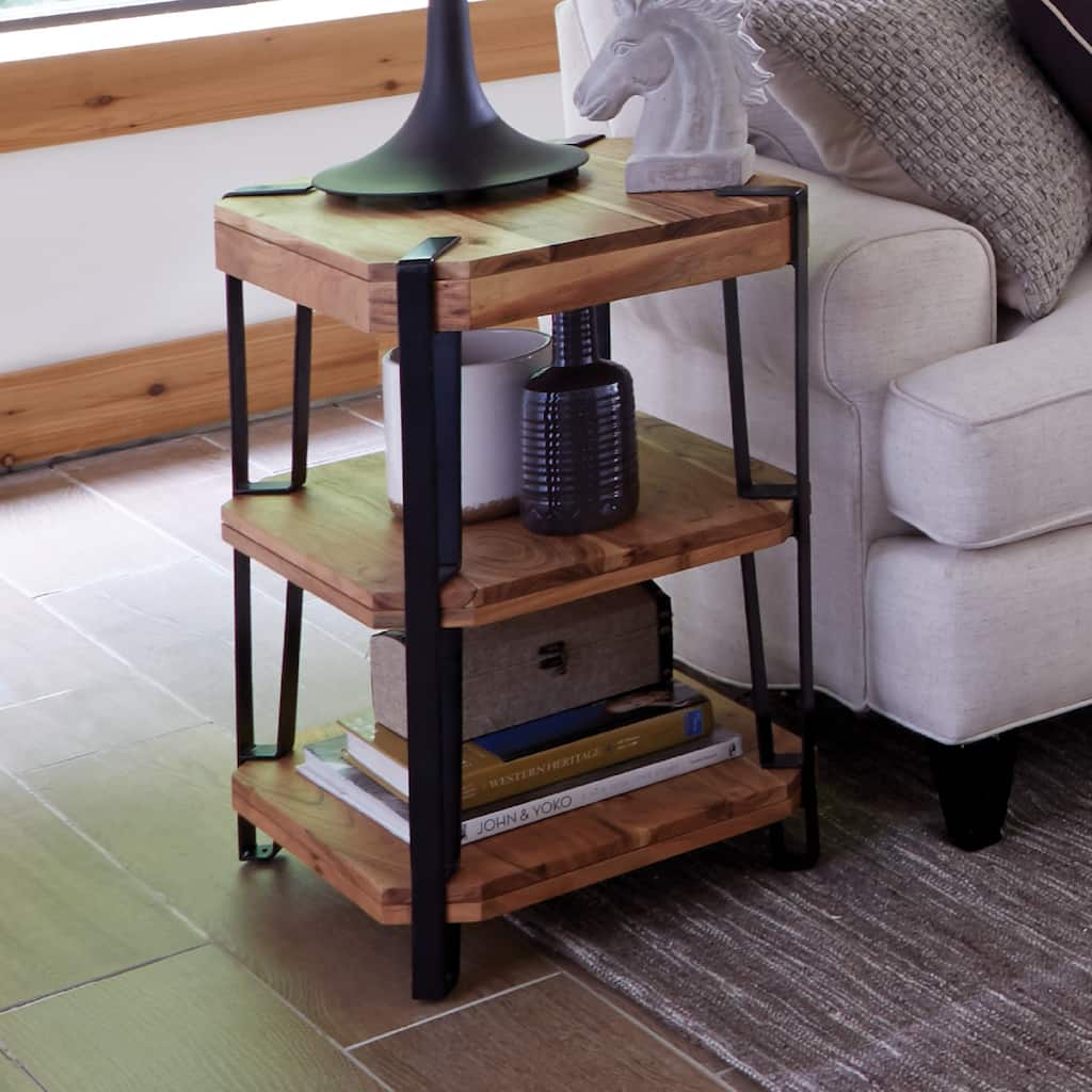 Ryegate Natural Solid Wood with Metal 2 Shelf End Table