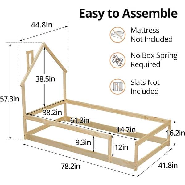 dimension image slide 3 of 6, Twin Size House-Shaped Headboard Floor Bed with Fences