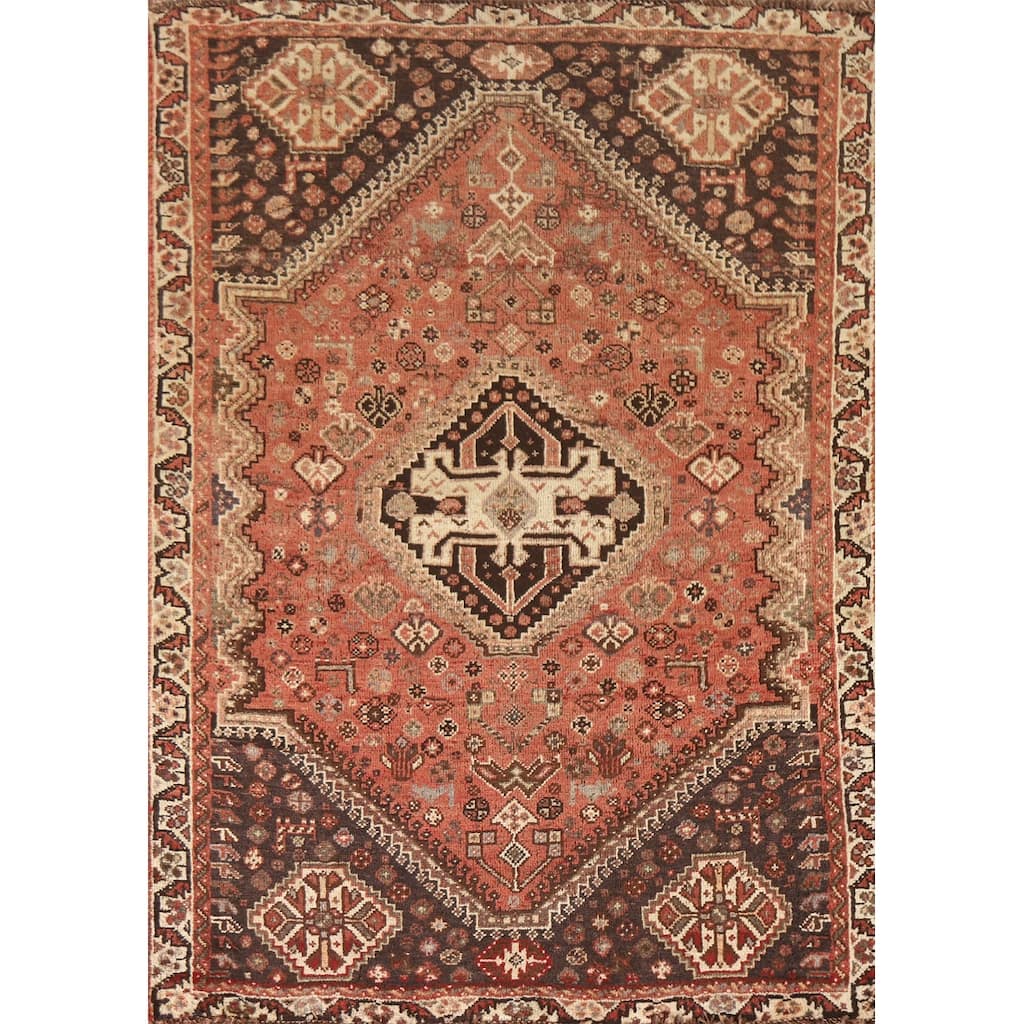 Tribal Qashqai Persian Vintage Area Rug Handmade Orange Wool Carpet - 3'8"x 5'7"