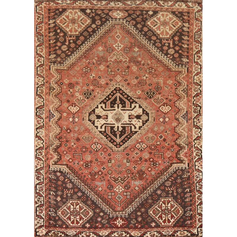 Tribal Qashqai Persian Vintage Area Rug Handmade Orange Wool Carpet - 3'8"x 5'7"