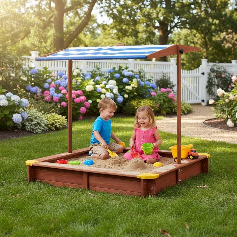 Kids Sandbox with Cover, 46" Wooden Sand Box w/Adjustable Canopy, Large Outdoor Cedar Sandpit for Backyard Play
