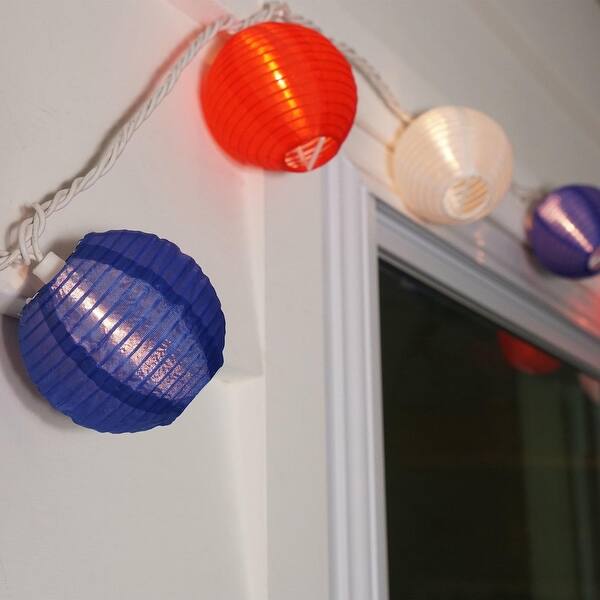 Set Of 10 Red White And Blue Round Chinese Lantern Patio Lights Wire