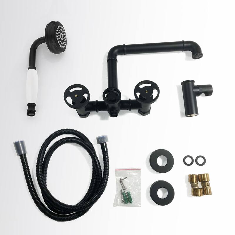 2-Handle Wall Mounted Tub Faucet Set With Hand Shower in Black/Gold