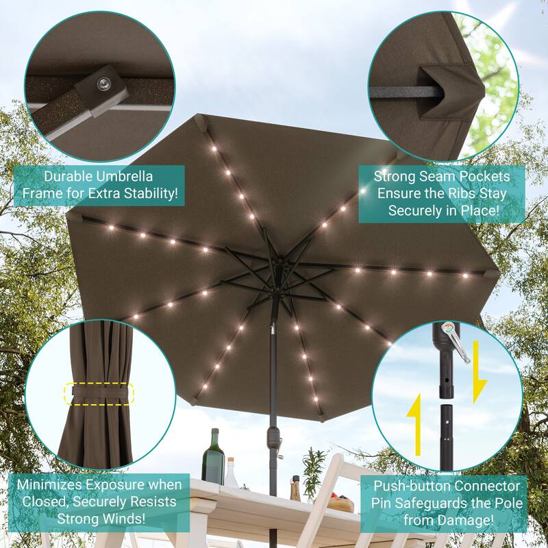BONOSUKI Patio 9Ft LED Market Umbrellas With Solar Lights, Table Umbrella for Patio and Outdoor With Tilt Button