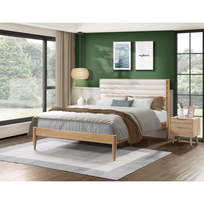 Solid Wood Bed Frame Queen Size Platform Bed with Upholstered Headboard & Tapered Legs