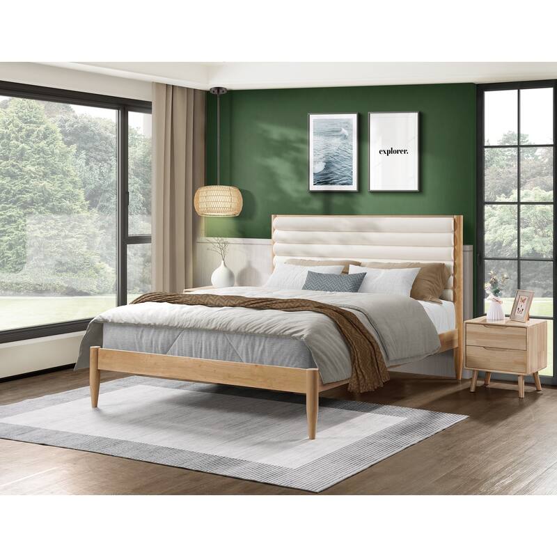 Wood Bed Frame with Upholstered Headboard Queen Size Platform with Slat Support Mattress Foundation No Box Spring Needed,Ivory