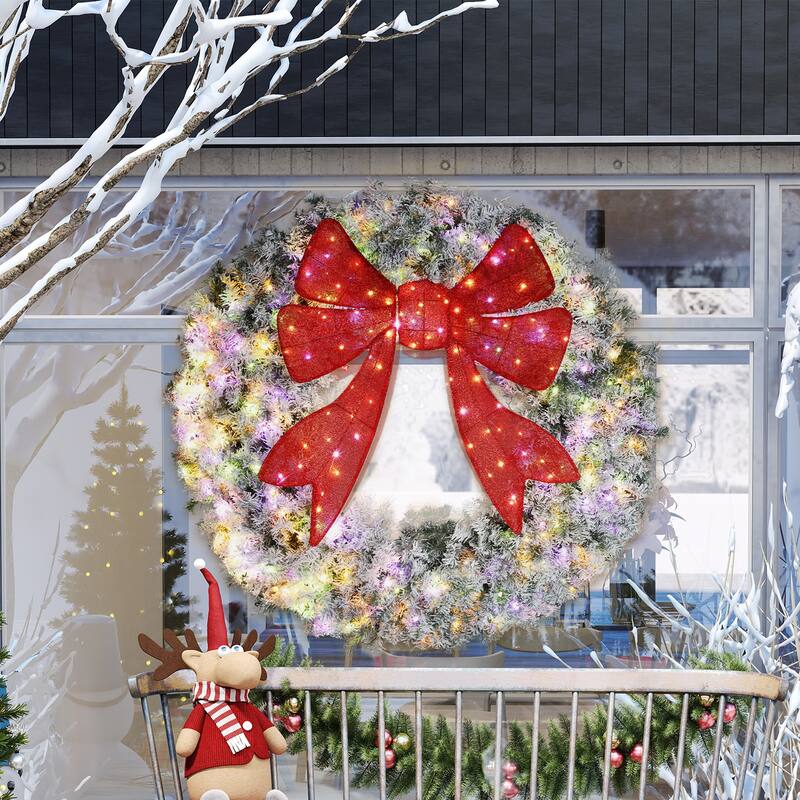 HOMCOM 60in Pre-Lit Flocked Wreath: 300 LED, 11 Modes, Remote, 3D Bow, 996 Tips, Indoor/Outdoor