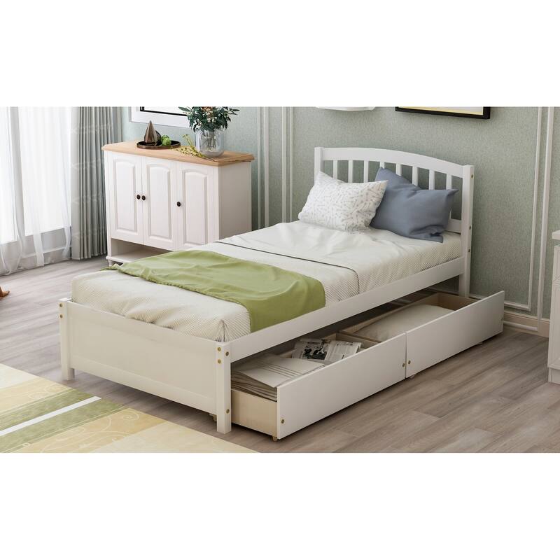 Twin Platform Storage Bed with Two Drawers and Headboard, White