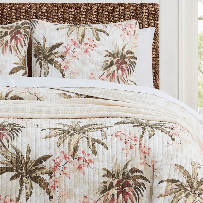 Tommy Bahama Bonny Cove Floral Pattern With Palm Reverse Quilt (Beige, 3 Piece Set)