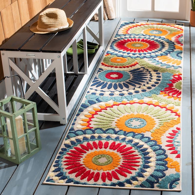 SAFAVIEH Cabana Mrinal Indoor/ Outdoor Waterproof Patio Floral Rug - 2'2" x 11' Runner - Blue/Ivory