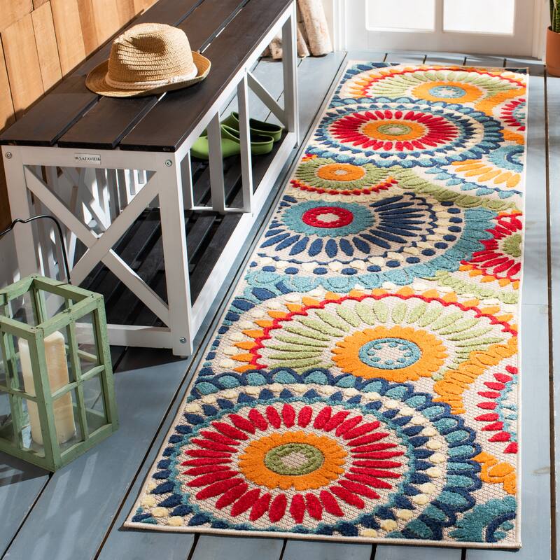 SAFAVIEH Cabana Mrinal Indoor/ Outdoor Waterproof Patio Floral Rug - 2'2" x 13' Runner - Blue/Ivory