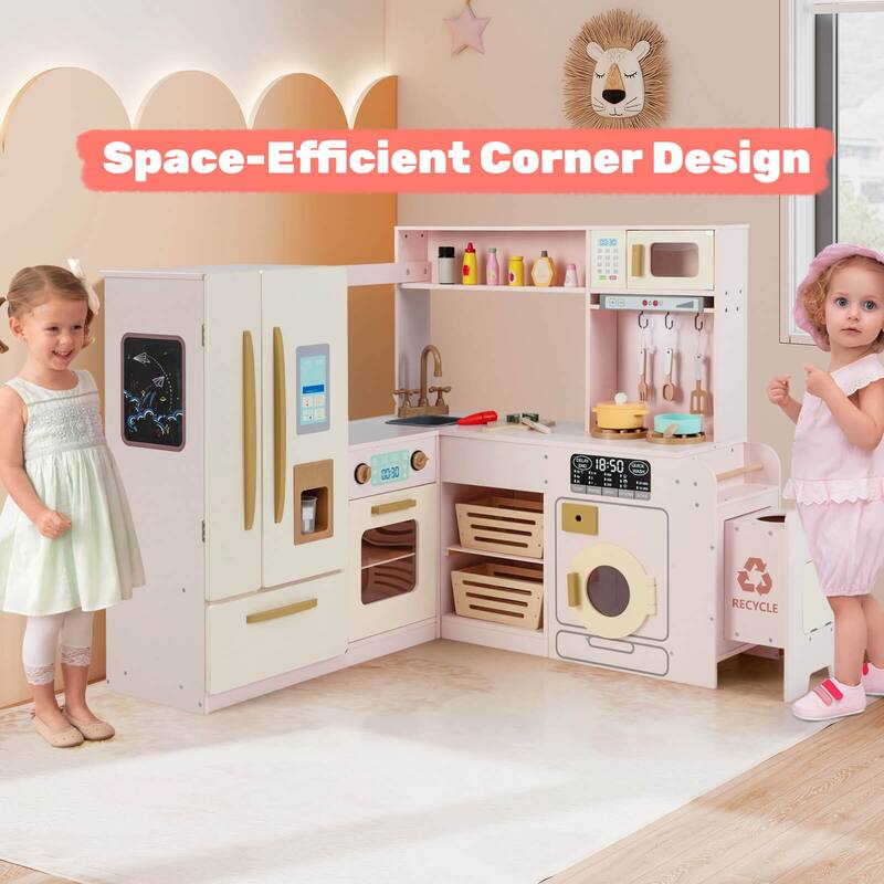 Costway Corner Play Kitchen with Lights & Sounds Wooden Toy Kitchen - See Details