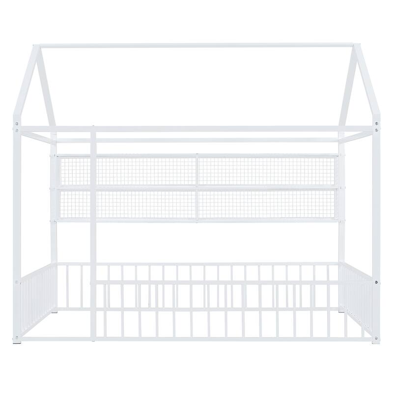 Full Size Metal House Bed Frame with Built-In Grid Shelves, Playful Canopy Design and Space-Saving Storage