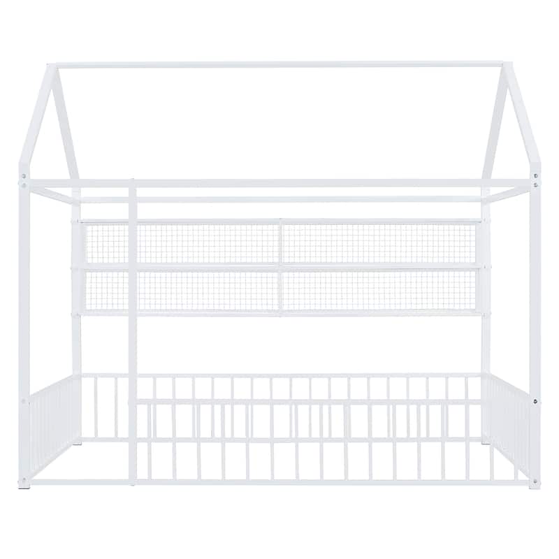 Metal House Bed Frame Kids Montessori Bed Floor Bed with Fence and Shelves for Kids Girls Boys
